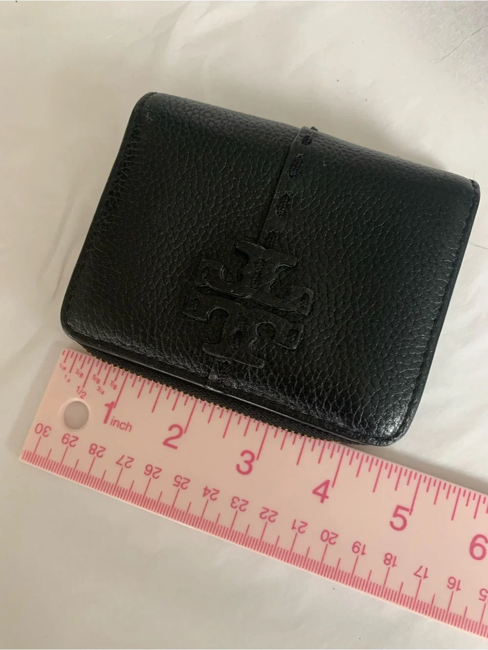 Tory Burch Black Pebbled Leather Zip Card Case with Logo